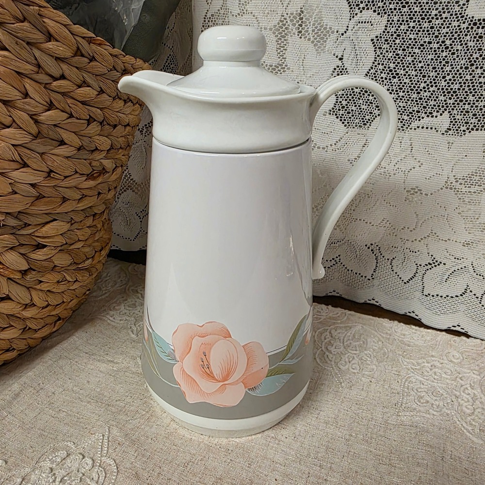 Himark Victorian Rose Thermal Carafe 32oz White Pink Floral Vintage‎ 1986 Taiwan